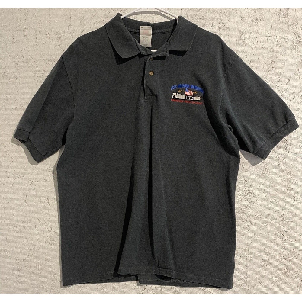 USS Arizona Memorial Large Polo Shirt Remember Pearl Harbor Dec 7 1941 Dark Gray